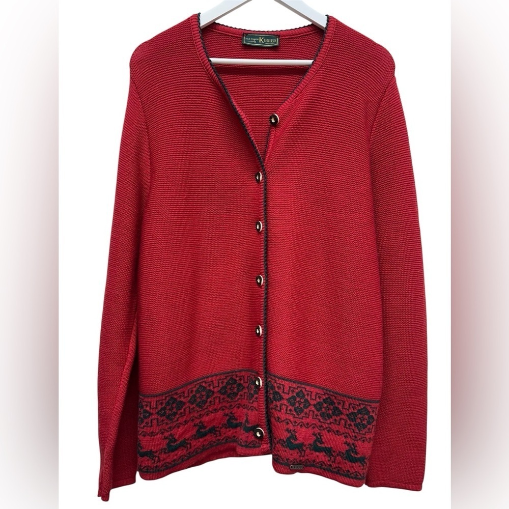 Vintage Kirker Austrian Trachten Cardigan Red Wool Blend Reindeer Fair Isle